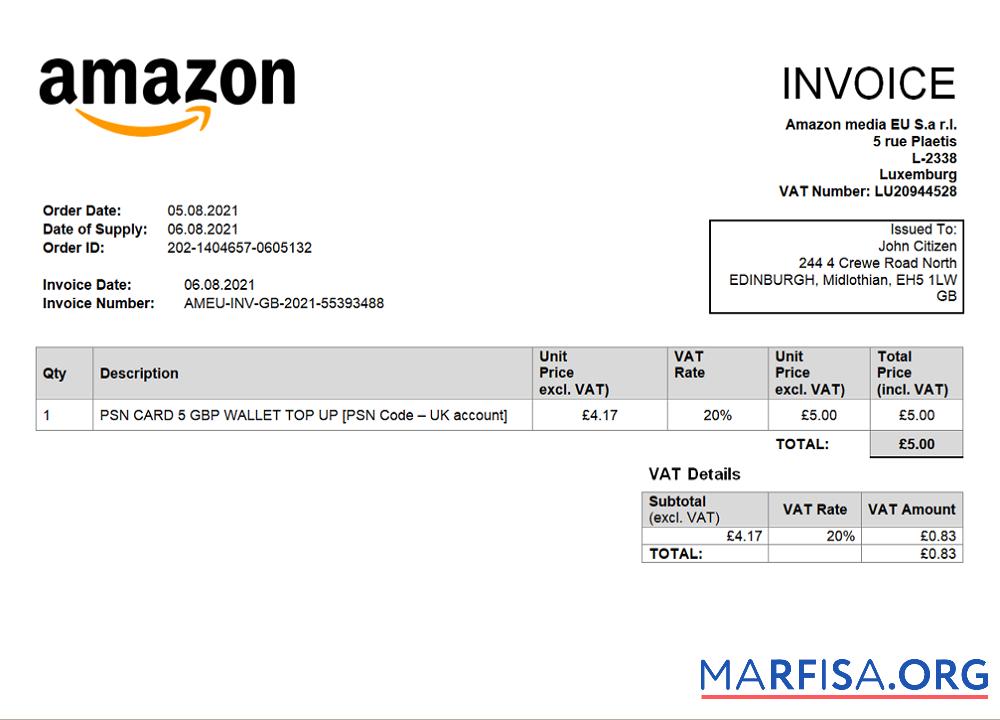 Realistic United Kingdom Amazon American multinational technology company invoice example